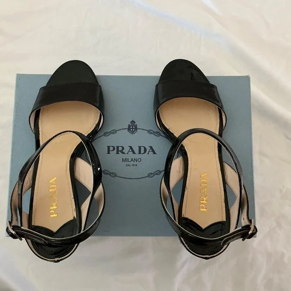 PRADA Women Patent Leather Slingback Wedge Sandal (Size: 38) - Picture 2 of 8